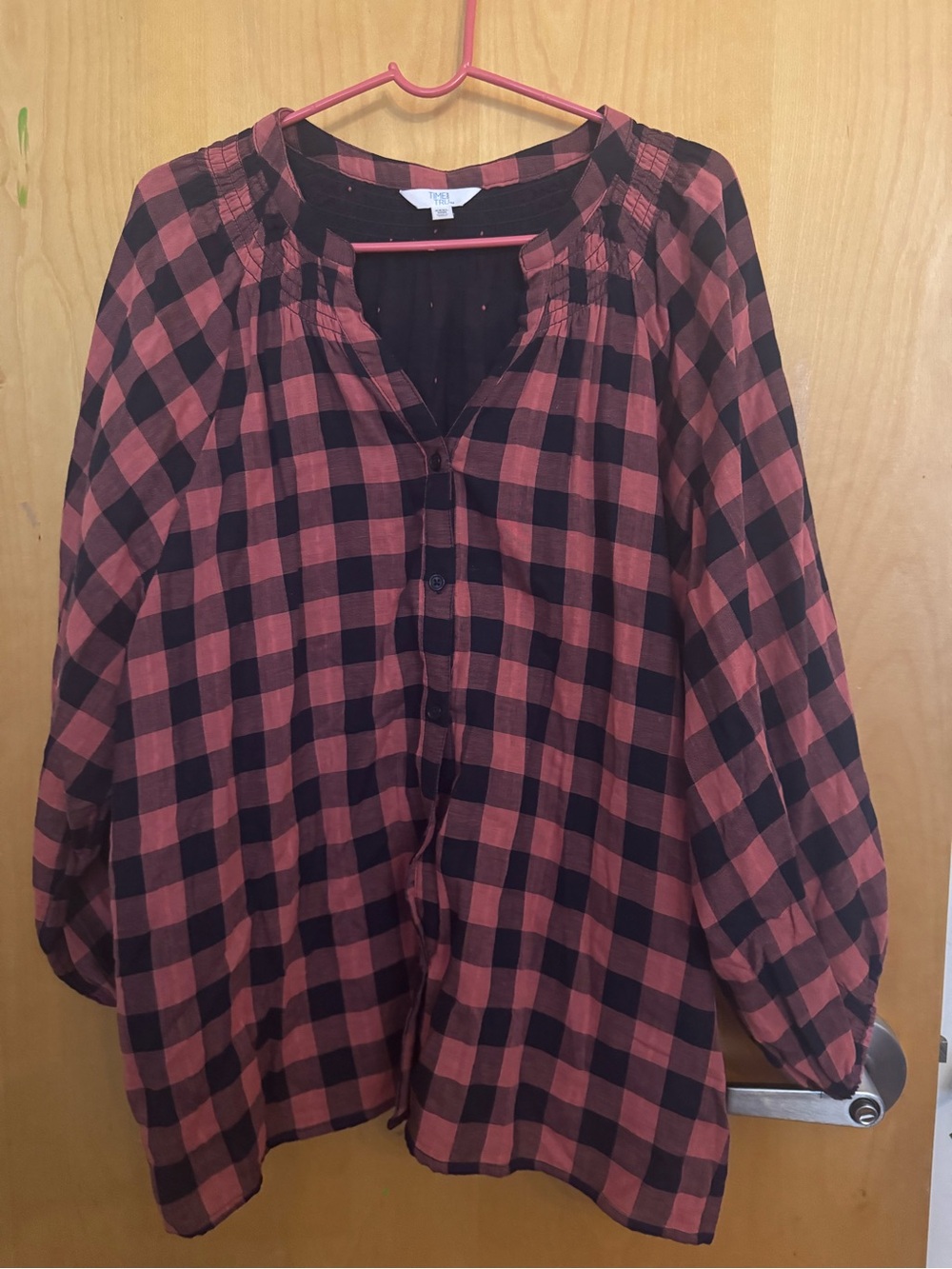 Time and Tru Buffalo Check Peasant Blouse XXXL Pink Black Smocked Yoke